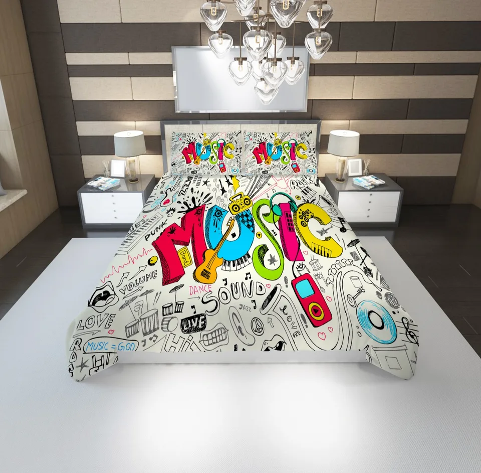 Renkli Müzik Grafitili Çift Kişilik Yatak Örtüsü