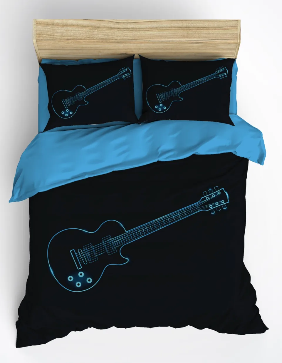 Mavi Elektro Gitarlı Siyah Çift Kişilik Nevresim Takımı