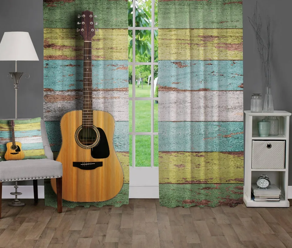 Ahşap Zeminde Akustik Gitarlı Fon Perde