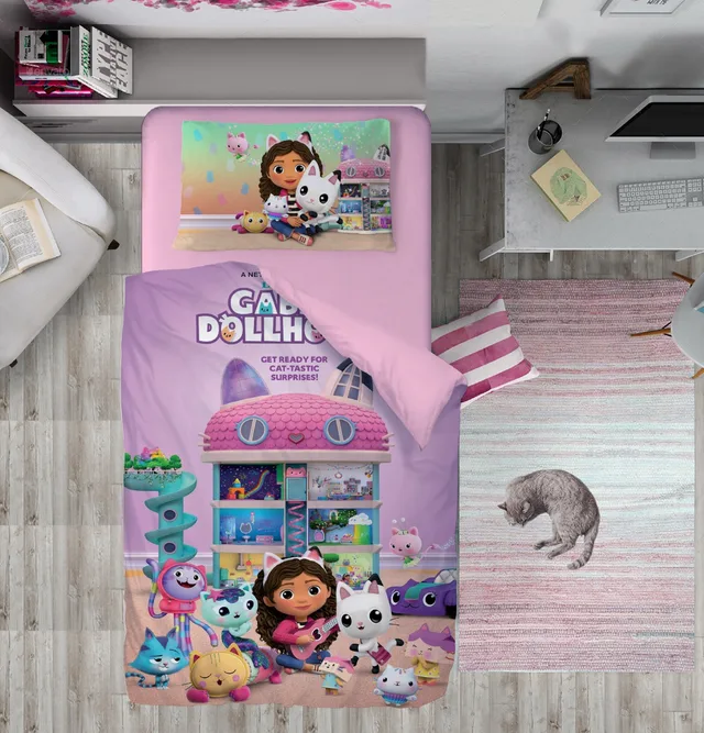 Kedili Oyuncak Bebek Evi Temalı Pembe Tek Kişilik Nevresim Takımı