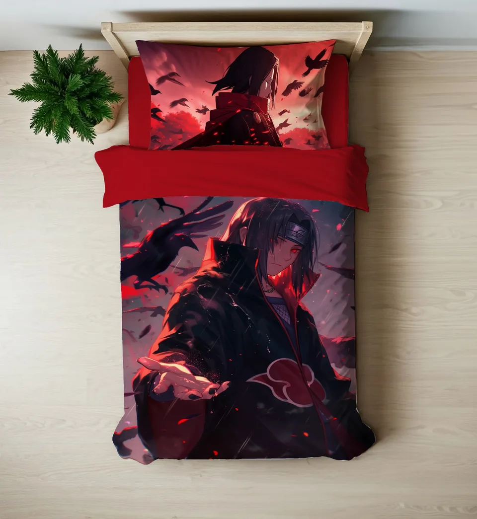 Kızıl Gözlü Anime Ninja Temalı Tek Kişilik Nevresim Takımı