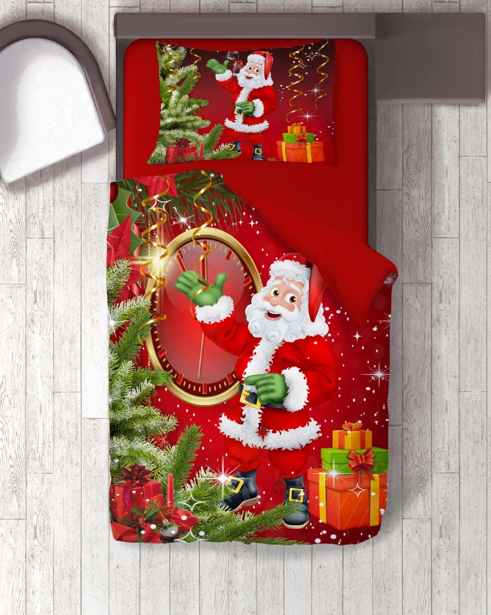 Noel Baba ve Altın Saatli Yılbaşı Tek Kişilik Nevresim Takımı