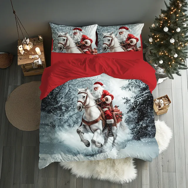 Beyaz Atlı Noel Baba Temalı Yılbaşı Çift Kişilik Nevresim Takımı