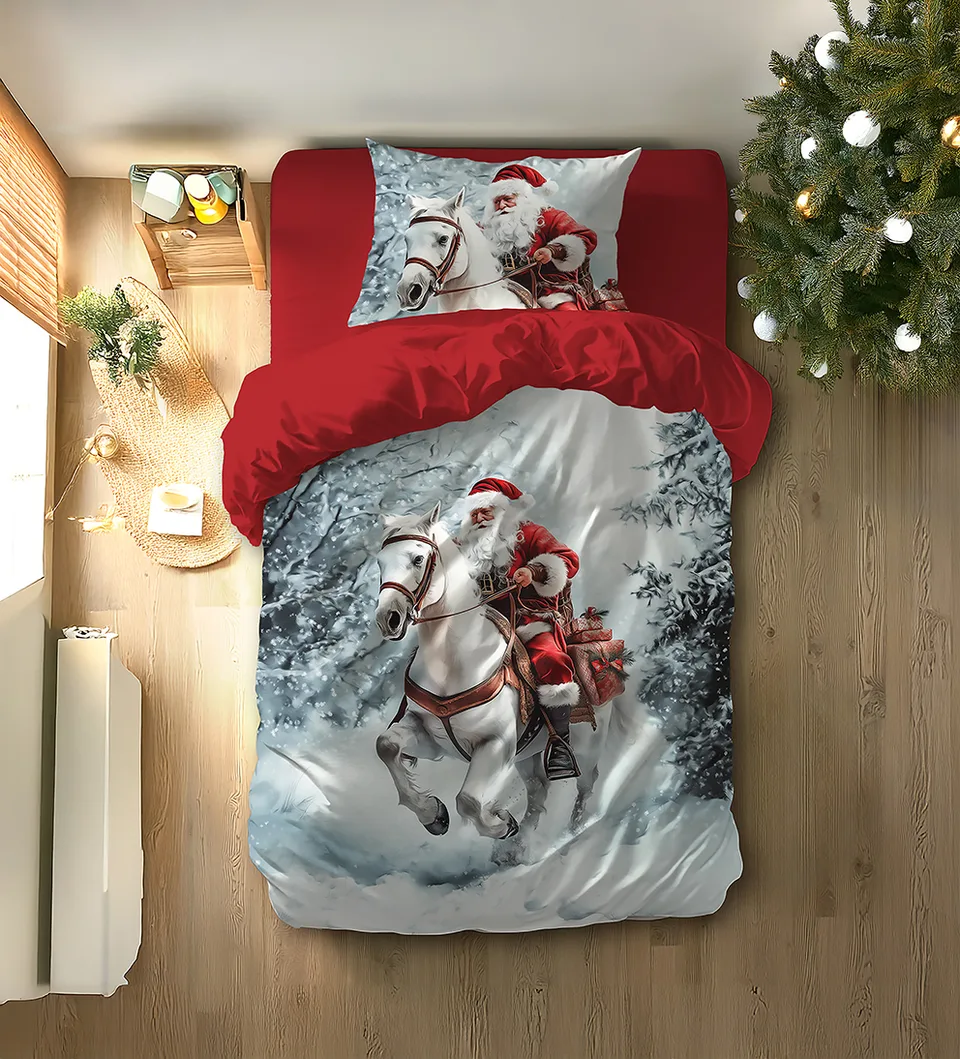 Beyaz Atlı Noel Baba Temalı Yılbaşı Tek Kişilik Nevresim Takımı