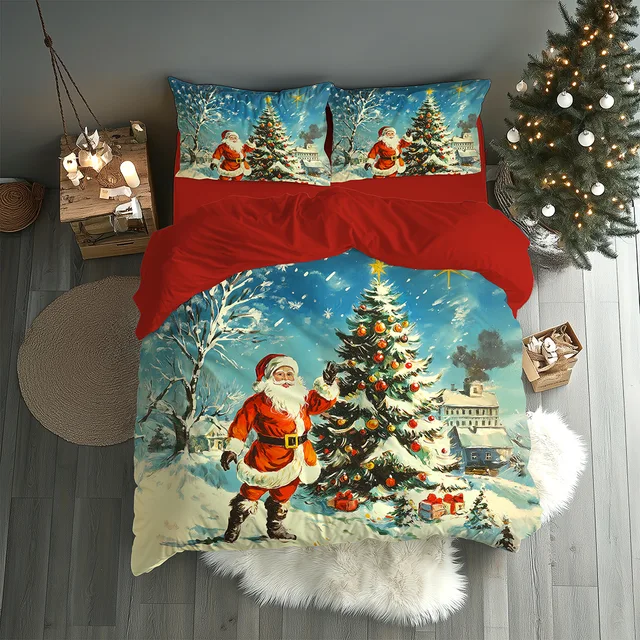 Karlı Köyde Noel Baba ve Yılbaşı Ağacı Çift Kişilik Nevresim Takımı