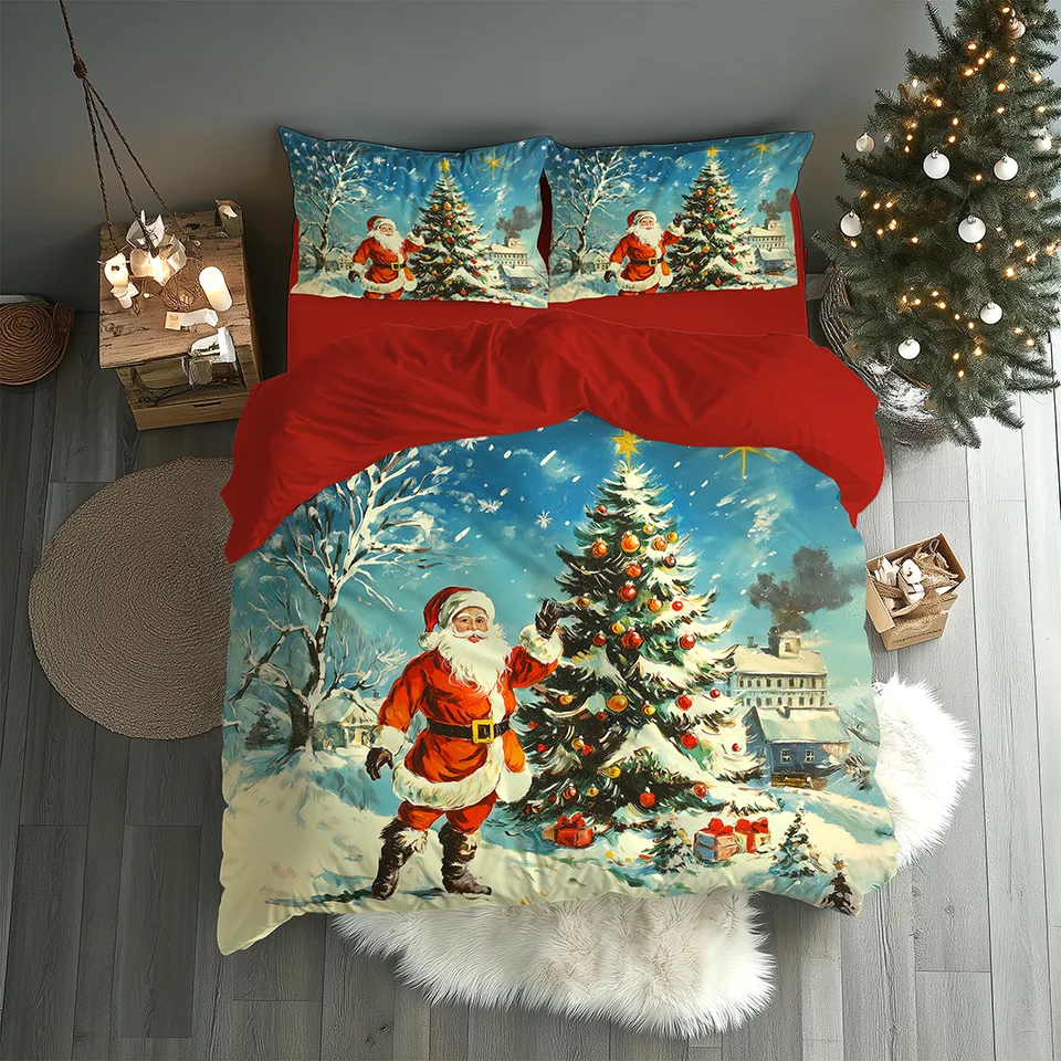 Karlı Köyde Noel Baba ve Yılbaşı Ağacı Çift Kişilik Nevresim Takımı