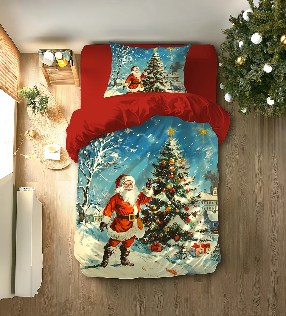 Karlı Köyde Noel Baba ve Yılbaşı Ağacı Tek Kişilik Nevresim Takımı
