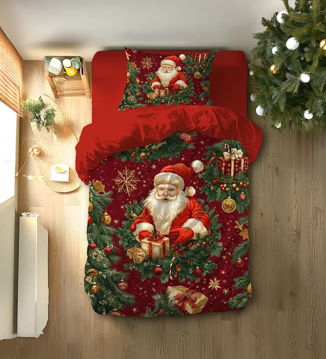 Çelenk İçinde Noel Babalı Kırmızı Yılbaşı Tek Kişilik Nevresim Takımı