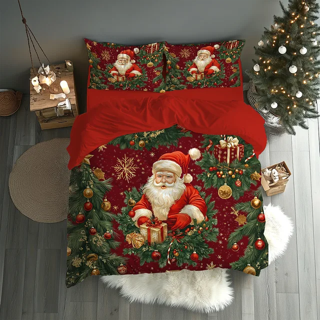 Çelenk İçinde Noel Babalı Kırmızı Yılbaşı Çift Kişilik Nevresim Takımı