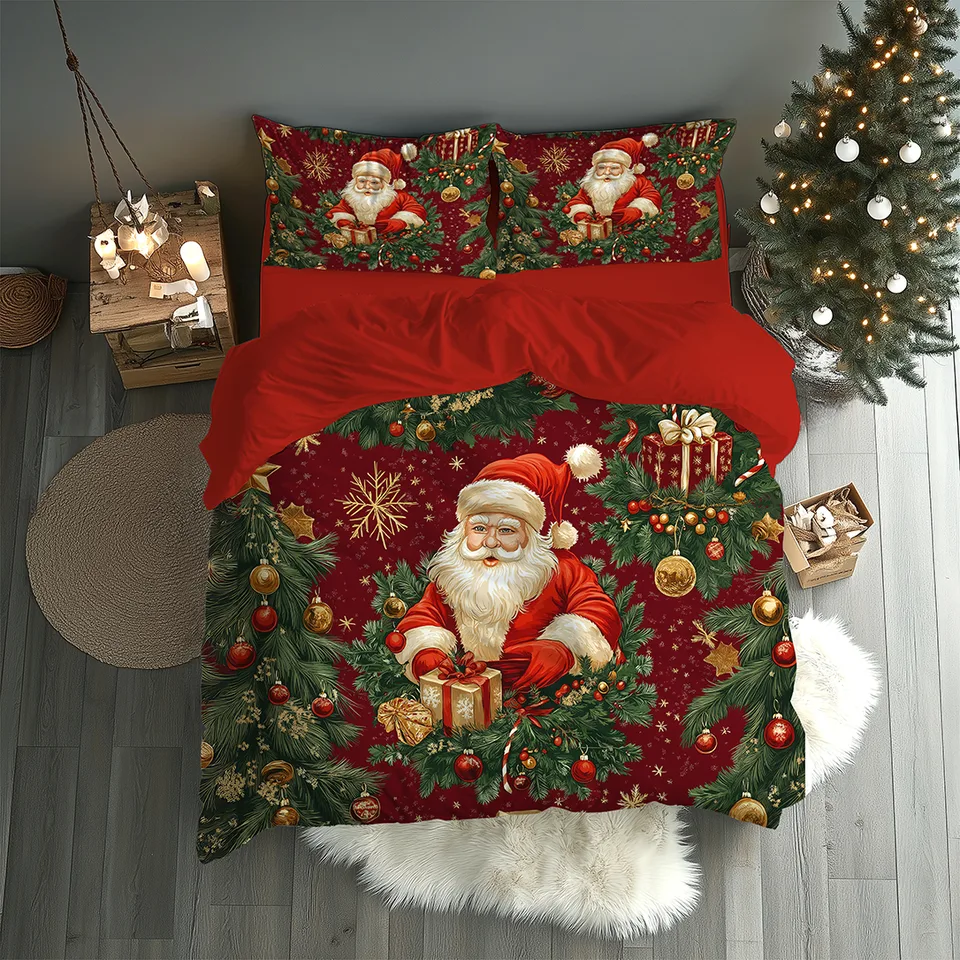 Çelenk İçinde Noel Babalı Kırmızı Yılbaşı Çift Kişilik Nevresim Takımı