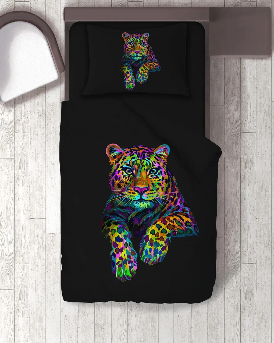 Neon Renkli Leopar Desenli Siyah Tek Kişilik Nevresim Takımı