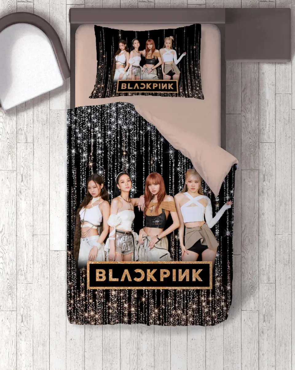 K-Pop Kız Grubu Temalı Siyah Simli Tek Kişilik Nevresim Takımı