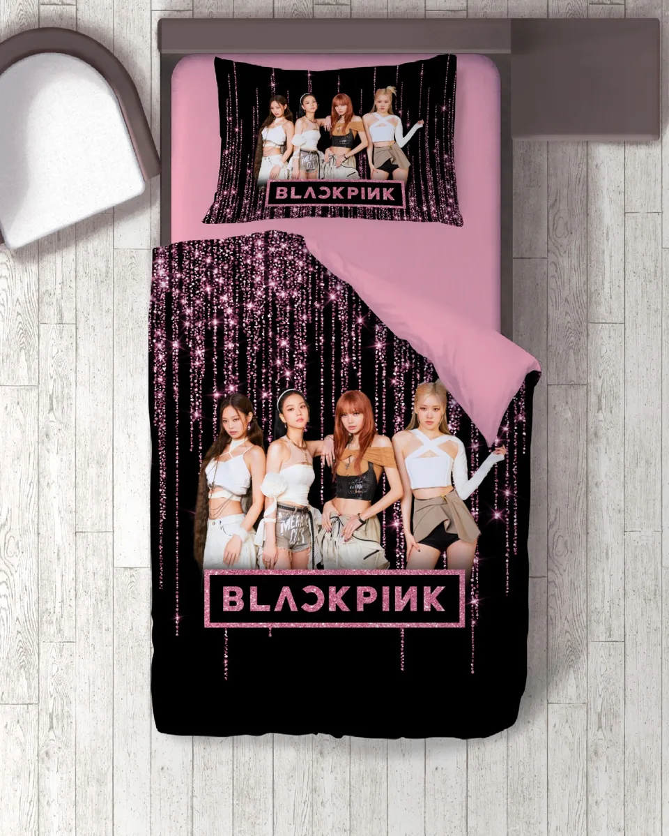 K-Pop Kız Grubu Temalı Siyah Pembe Simli Tek Kişilik Nevresim Takımı