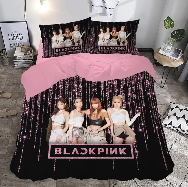 K-Pop Kız Grubu Temalı Siyah Pembe Simli Çift Kişilik Nevresim Takımı