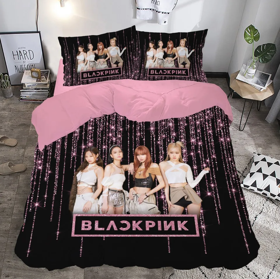 K-Pop Kız Grubu Temalı Siyah Pembe Simli Çift Kişilik Nevresim Takımı