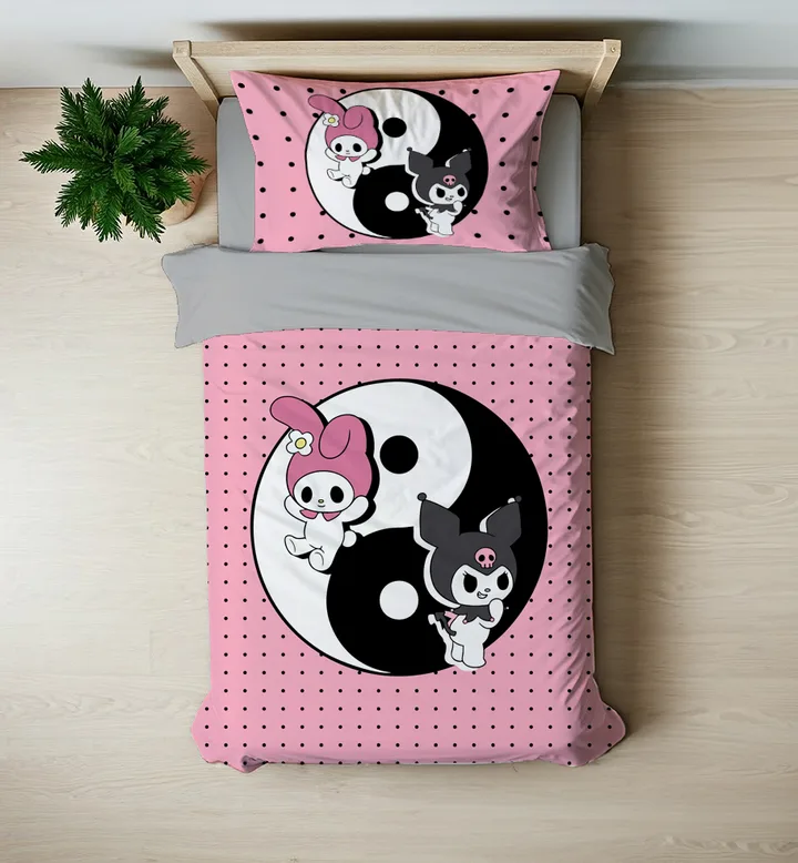Yin Yang İçinde Sevimli Tavşanlar Temalı Pembe Tek Kişilik Nevresim Takımı