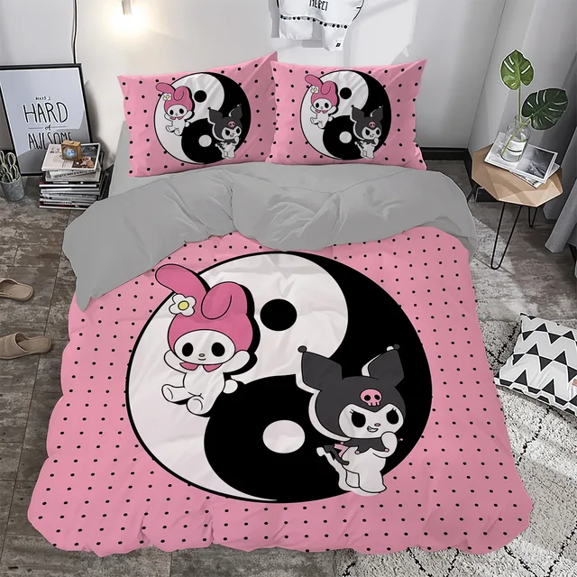 Yin Yang İçinde Sevimli Tavşanlar Temalı Pembe Çift Kişilik Nevresim Takımı