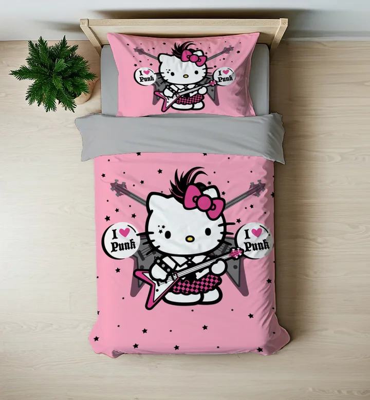 Punk Gitarlı Fiyonklu Beyaz Kedi Temalı Pembe Tek Kişilik Nevresim Takımı