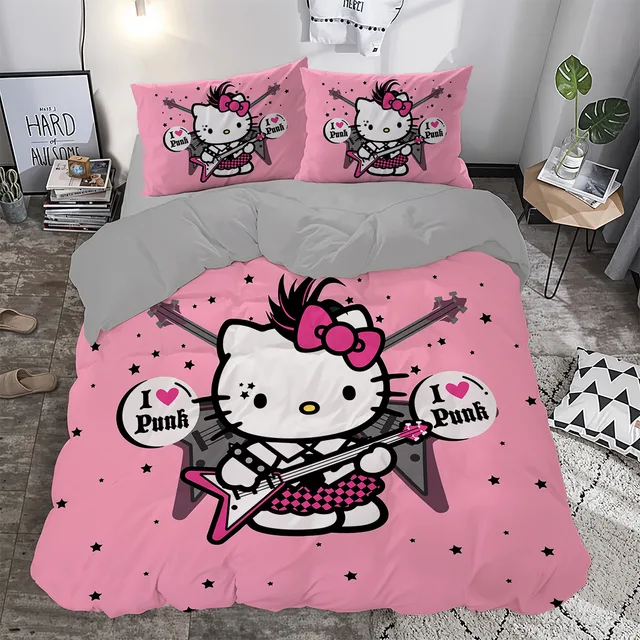 Punk Gitarlı Fiyonklu Beyaz Kedi Temalı Pembe Çift Kişilik Nevresim Takımı