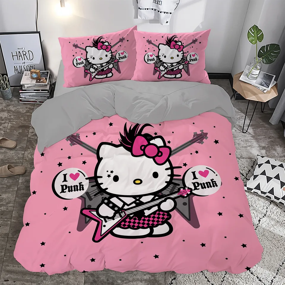 Punk Gitarlı Fiyonklu Beyaz Kedi Temalı Pembe Çift Kişilik Nevresim Takımı