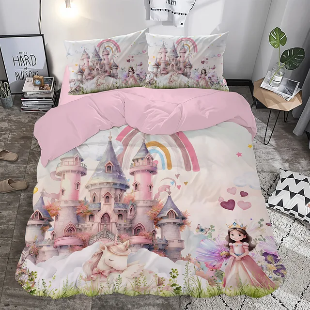Gökkuşağı ve Pembe Prenses Şatosu Desenli Çift Kişilik Nevresim Takımı