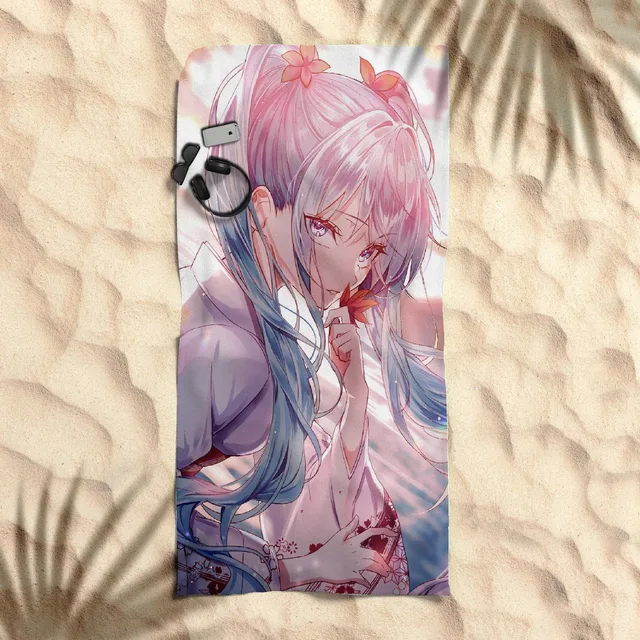 Pembe Mavi Saçlı Anime Kız Desenli Plaj Havlusu