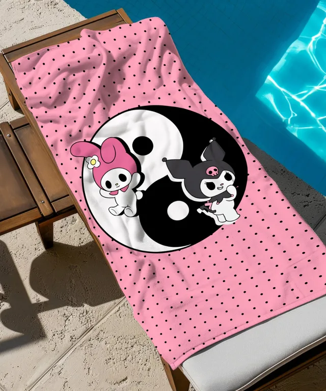 Yin Yang İçinde Sevimli Tavşanlar Temalı Pembe Plaj Havlusu