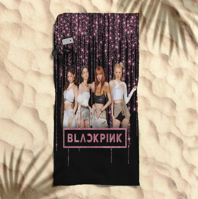 K-Pop Kız Grubu Fotoğraflı Siyah Pembe Simli Plaj Havlusu
