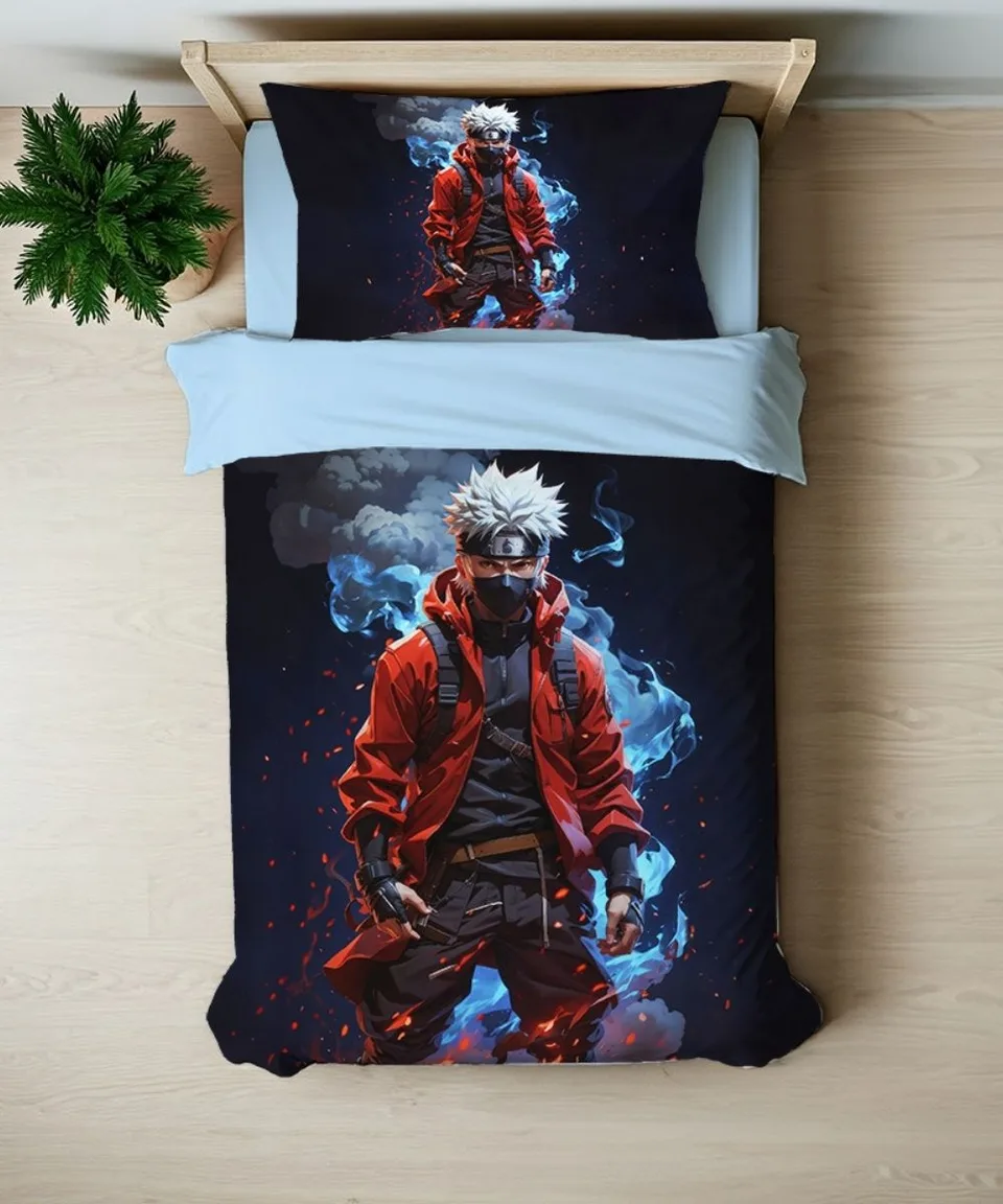 Kırmızı Ceketli Anime Ninja Temalı Lacivert Tek Kişilik Nevresim Takımı