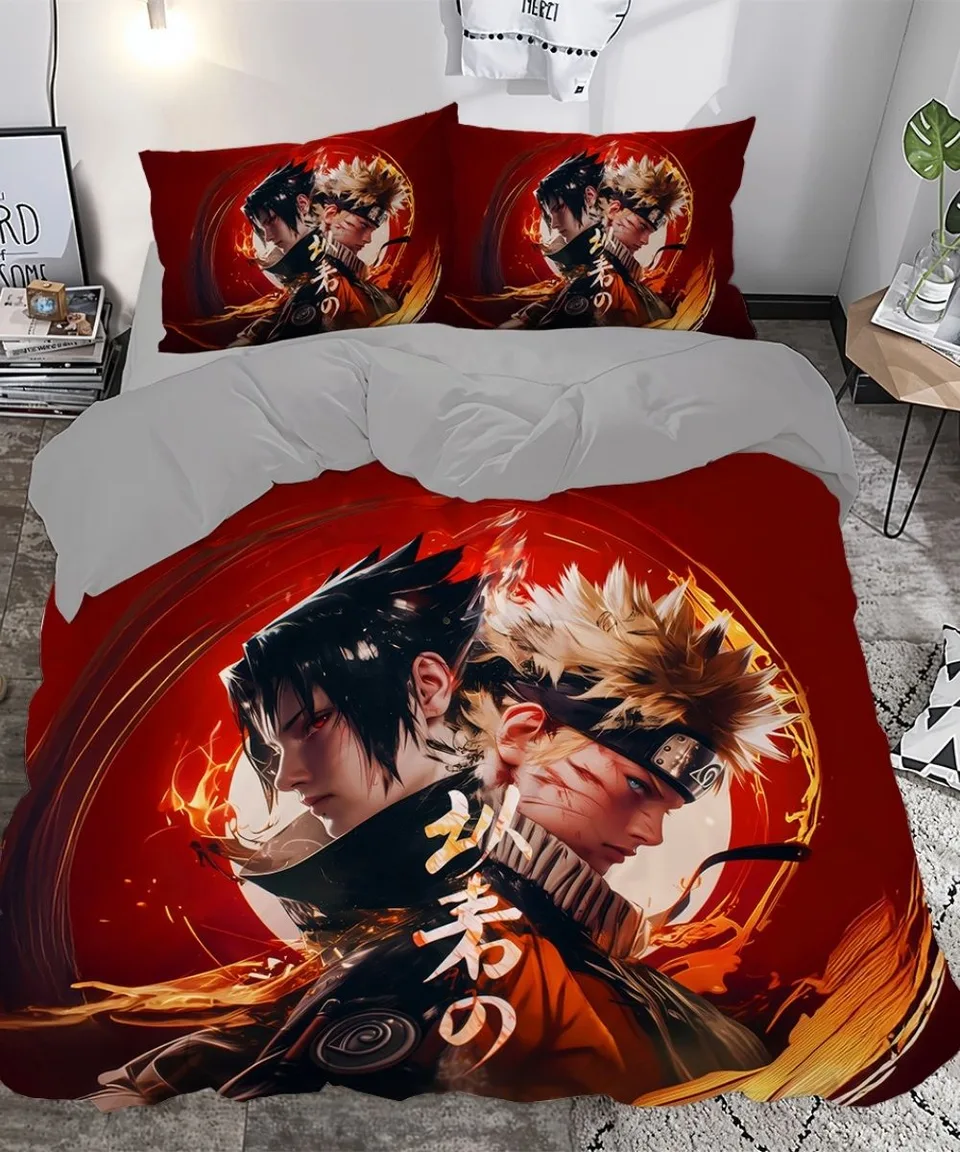 Kırmızı Zeminde İki Anime Ninja Temalı Çift Kişilik Nevresim Takımı