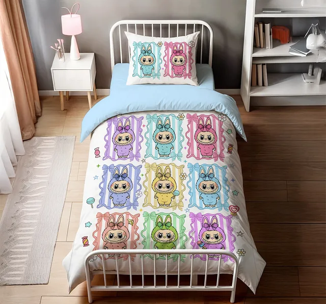 Pastel Çerçeveli Sevimli Peluş Canavarlar Desenli Tek Kişilik Nevresim Takımı
