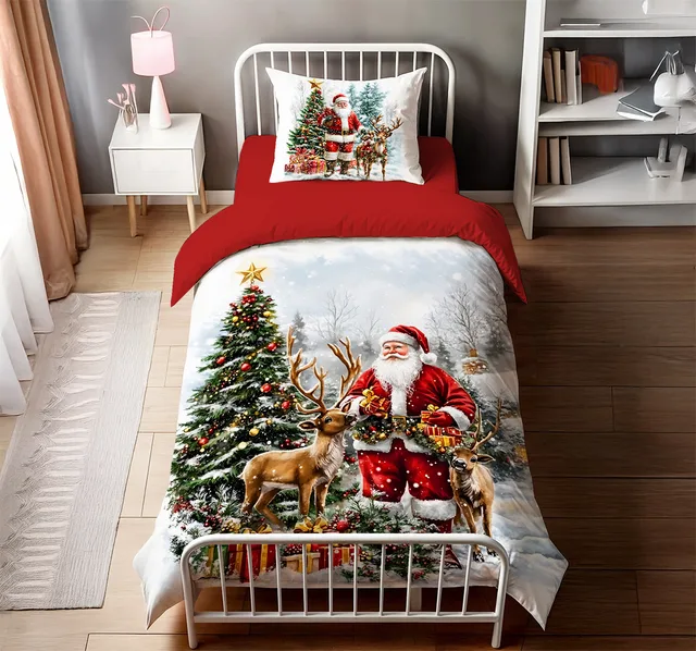 Ren Geyikli Noel Baba ve Yılbaşı Ağacı Desenli Tek Kişilik Nevresim Takımı