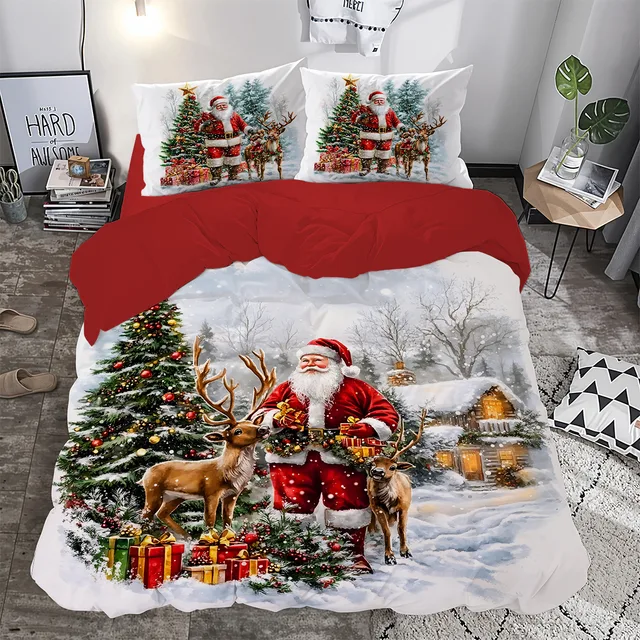 Ren Geyikli Noel Baba ve Yılbaşı Ağacı Desenli Çift Kişilik Nevresim Takımı