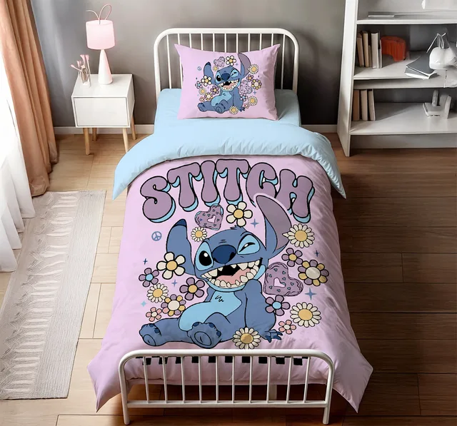 Çiçekli Mavi Uzaylı Temalı Pembe Tek Kişilik Nevresim Takımı