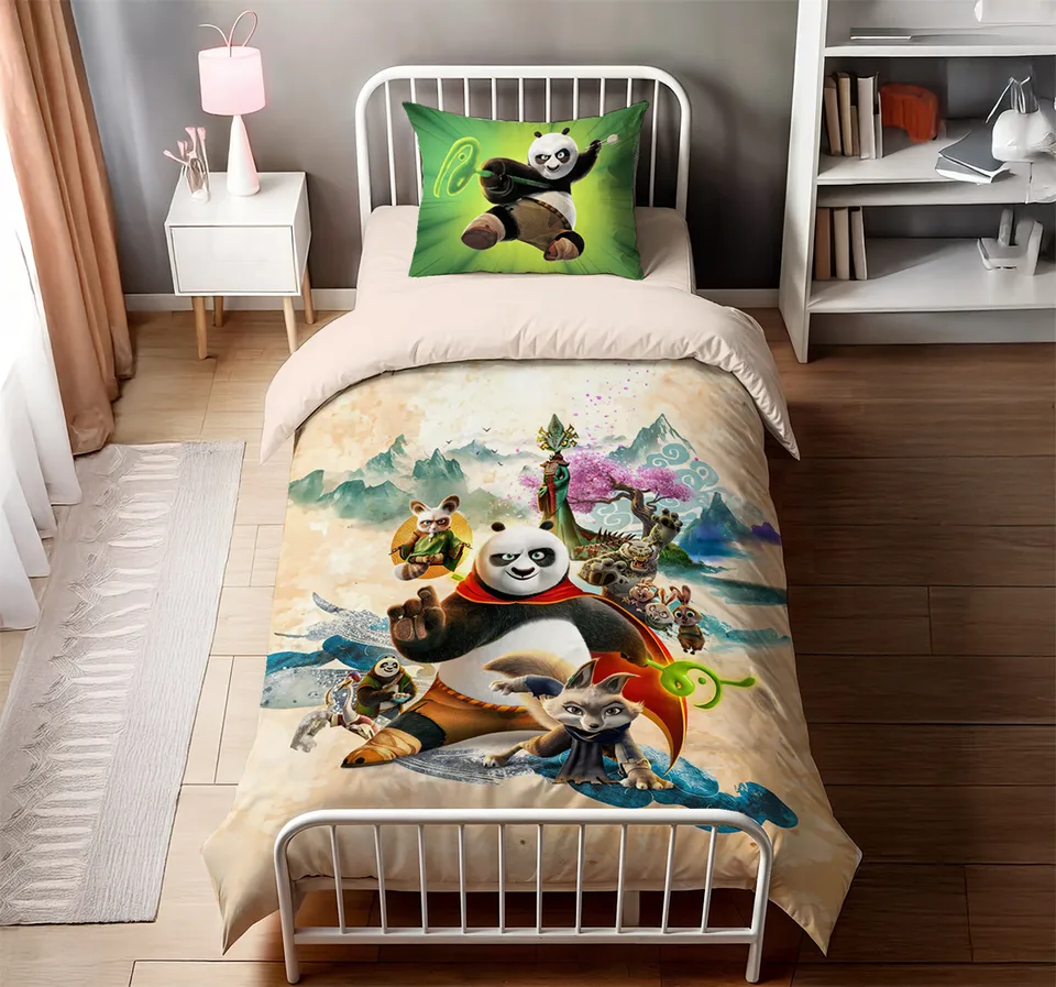 Dövüş Sanatçısı Panda ve Arkadaşları Temalı Tek Kişilik Nevresim Takımı