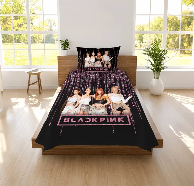K-Pop Kız Grubu Temalı Siyah Pembe Simli Tek Kişilik Pike Takımı