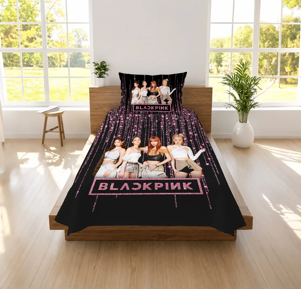 K-Pop Kız Grubu Temalı Siyah Pembe Simli Tek Kişilik Pike Takımı