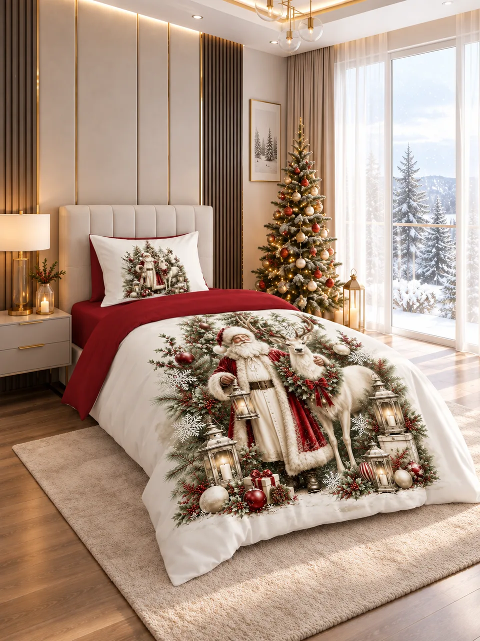 Beyaz Geyikli Noel Baba ve Fenerli Çelenk Desenli Krem Tek Kişilik Nevresim Takımı