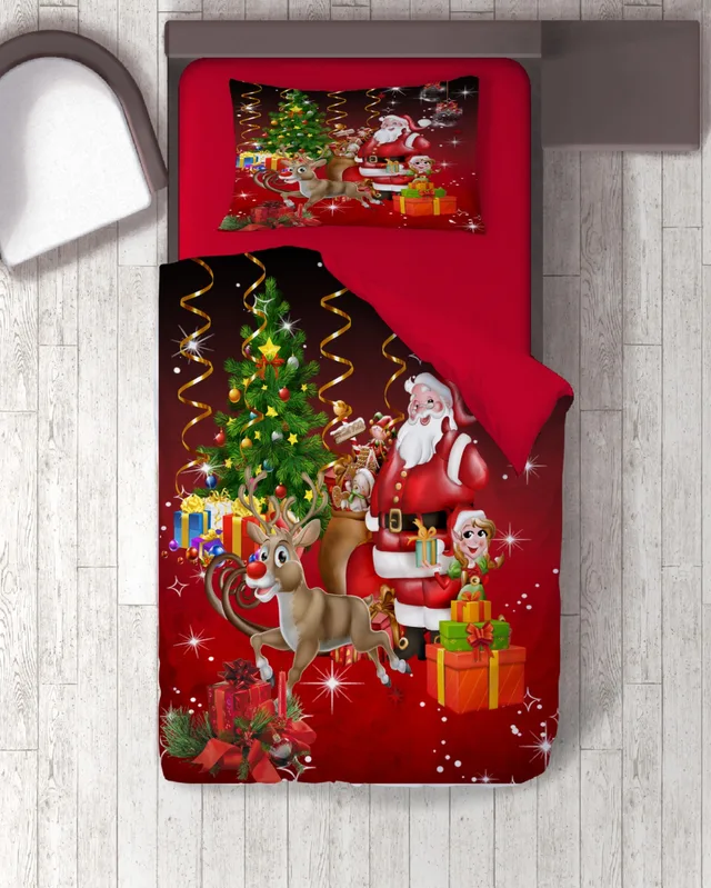 Noel Baba ve Ren Geyikli Kırmızı Yılbaşı Tek Kişilik Nevresim Takımı