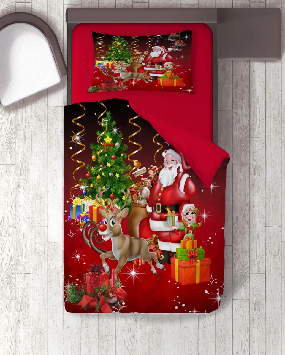 Noel Baba ve Ren Geyikli Kırmızı Yılbaşı Tek Kişilik Nevresim Takımı