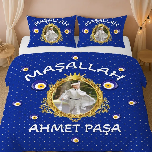 Saks Mavisi Altın Çerçeveli Sünnet Çift Kişilik Nevresim Takımı