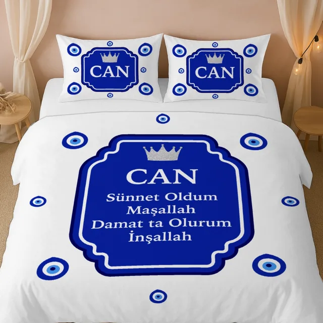 Beyaz Nazarlı Pano Yazılı Sünnet Çift Kişilik Nevresim Takımı