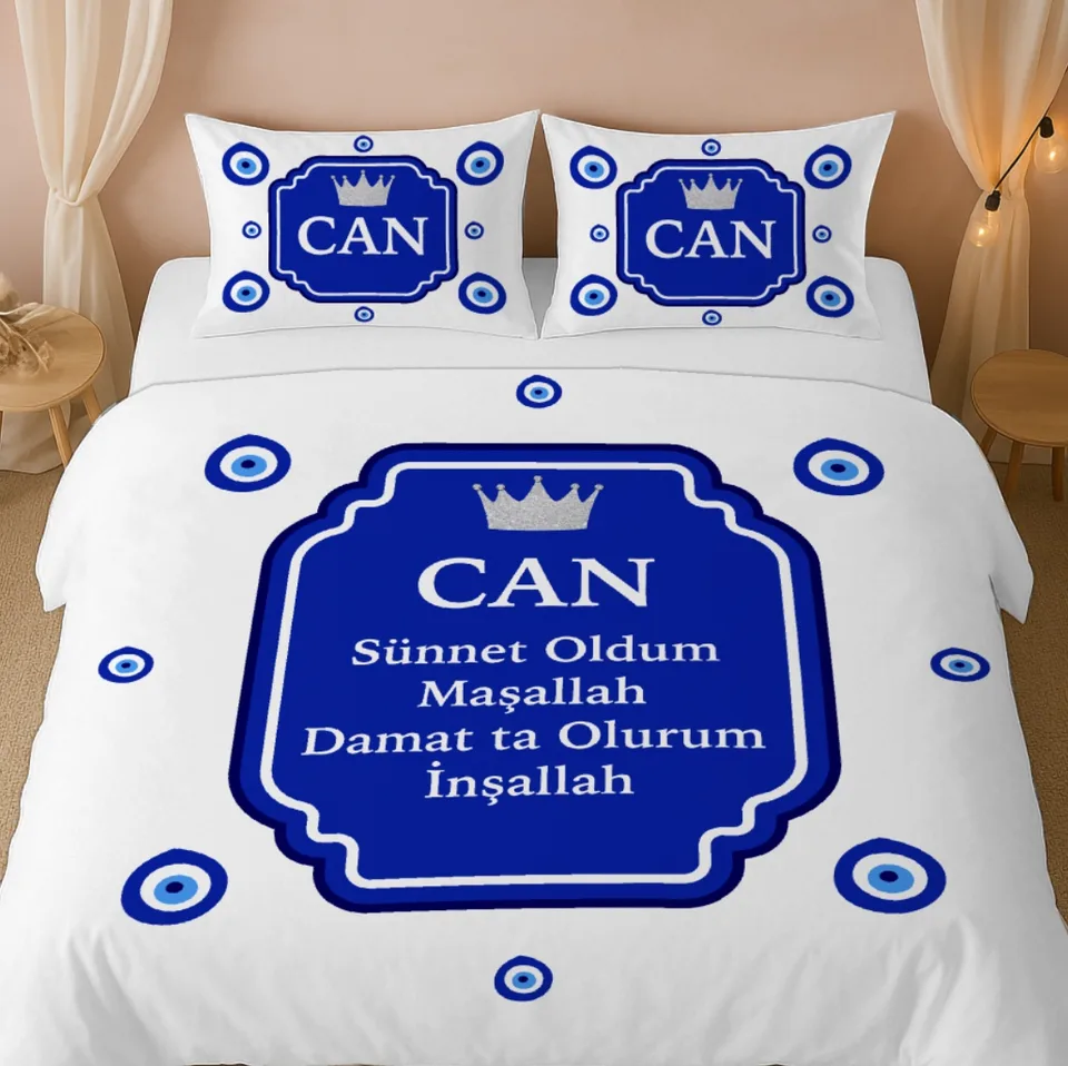 Beyaz Nazarlı Pano Yazılı Sünnet Çift Kişilik Nevresim Takımı