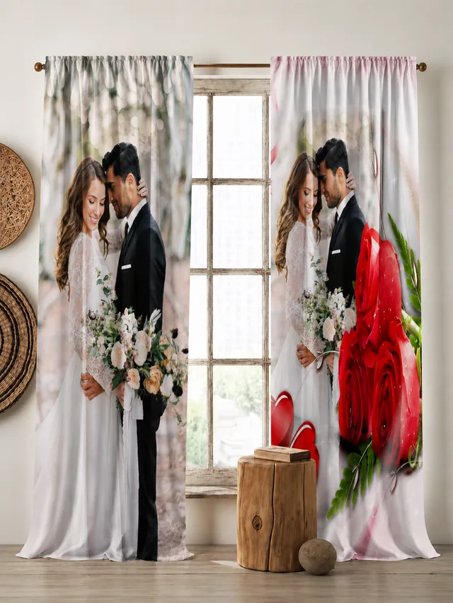 Tam Boy Fotoğraflı Kırmızı Güllü Fon Perde