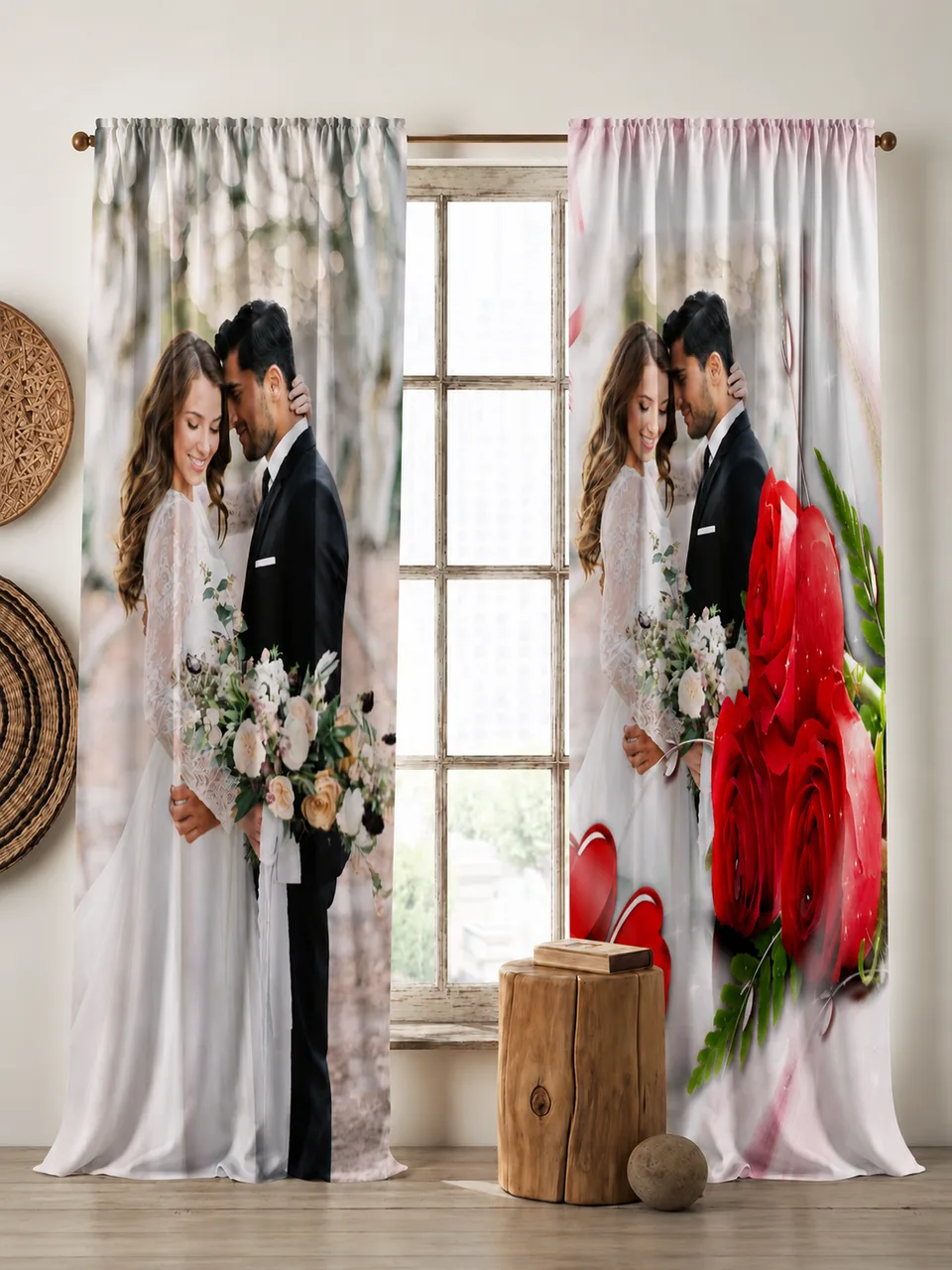 Tam Boy Fotoğraflı Kırmızı Güllü Fon Perde