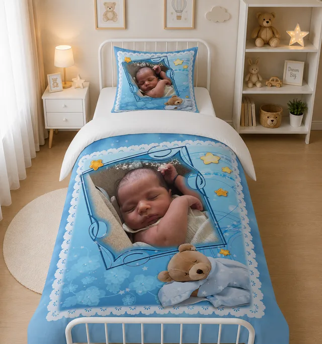 Mavi Dantel Çerçeveli Ayıcıklı Bebek Nevresim Takımı