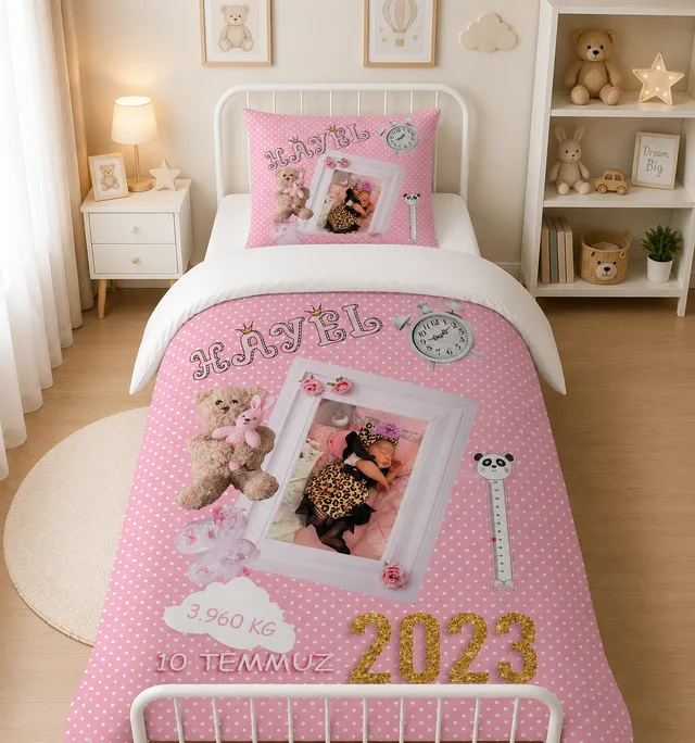 Pembe Puantiyeli Doğum Tarihli Bebek Nevresim Takımı