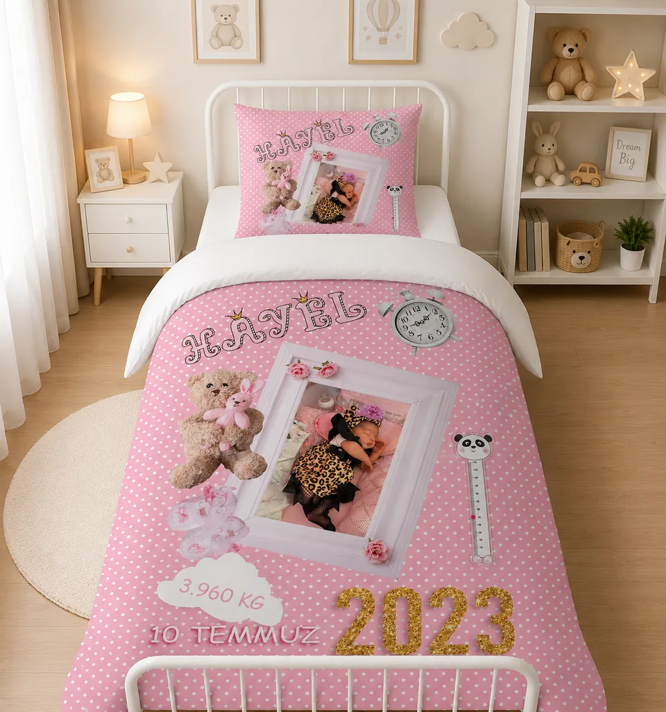Pembe Puantiyeli Doğum Tarihli Bebek Nevresim Takımı