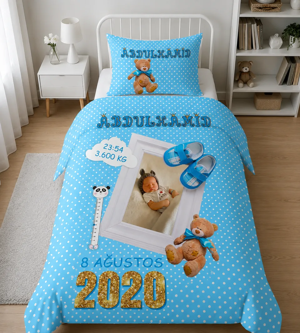 Mavi Puantiyeli Doğum Tarihli Bebek Nevresim Takımı