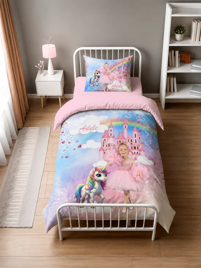 Pembe Şato ve Unicorn Tek Kişilik Nevresim Takımı